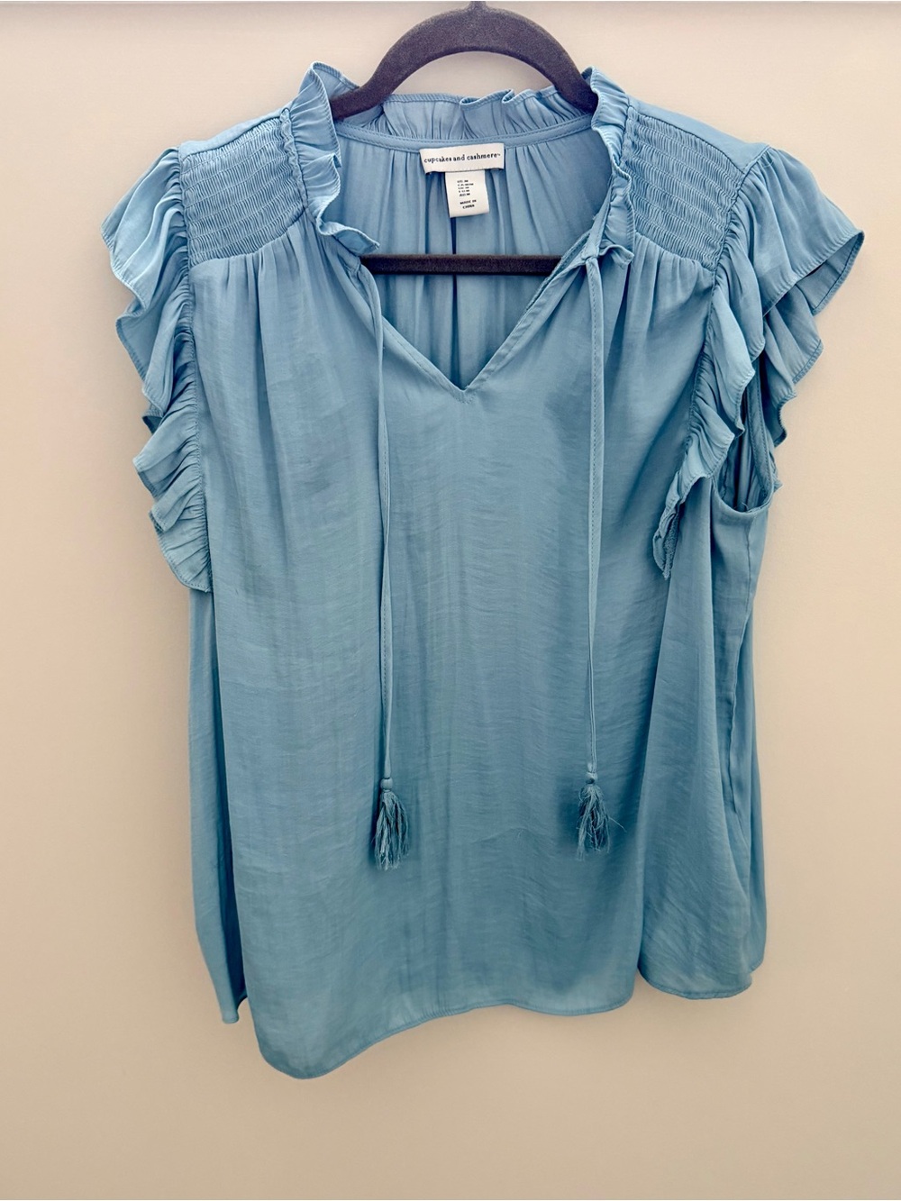 cupcakes & cashmere Sky Blue Ruffle Sleeve V-Neck Blouse